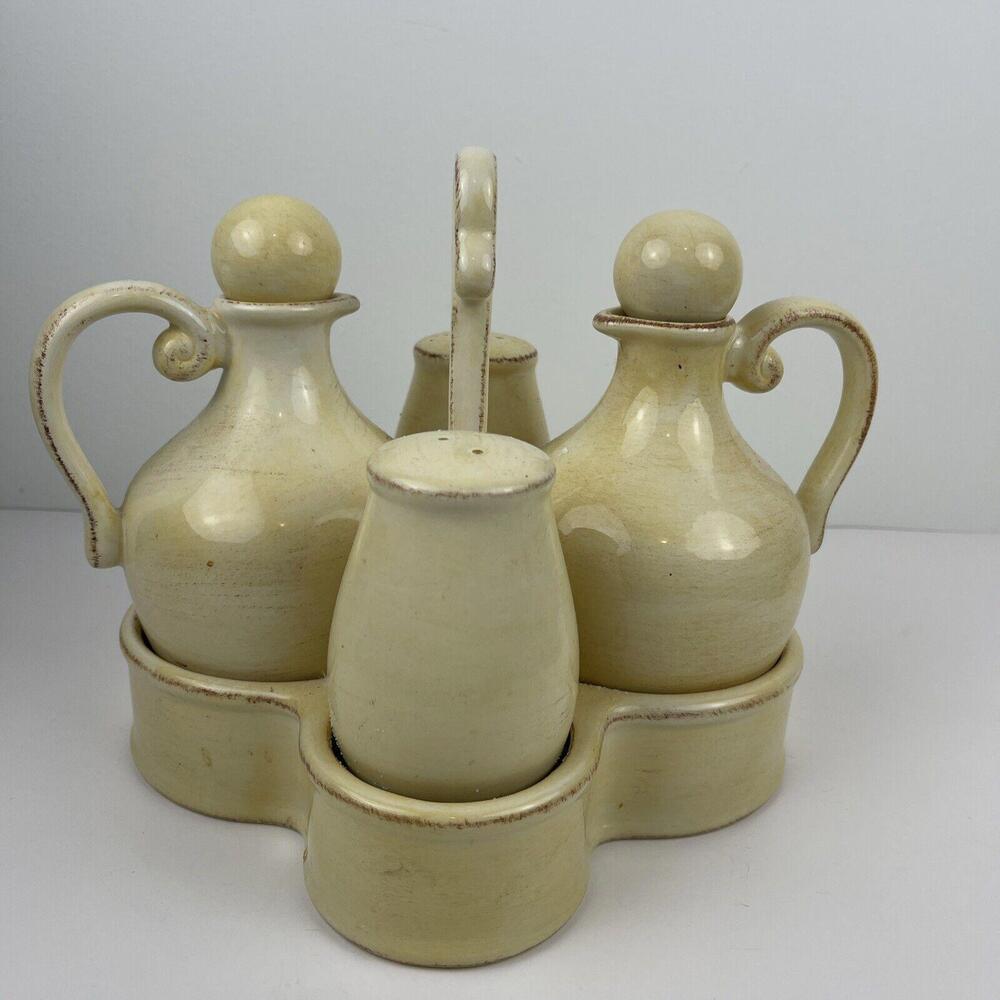 Ceramic Cream Cruet Set with Tray - Neutral Cream Finish